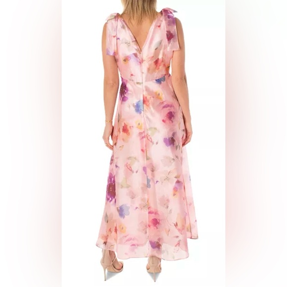 Maison Tara V Neck Pink Watercolor Floral Maxi Dress with Bow Straps size 6 $148 - Picture 5 of 16